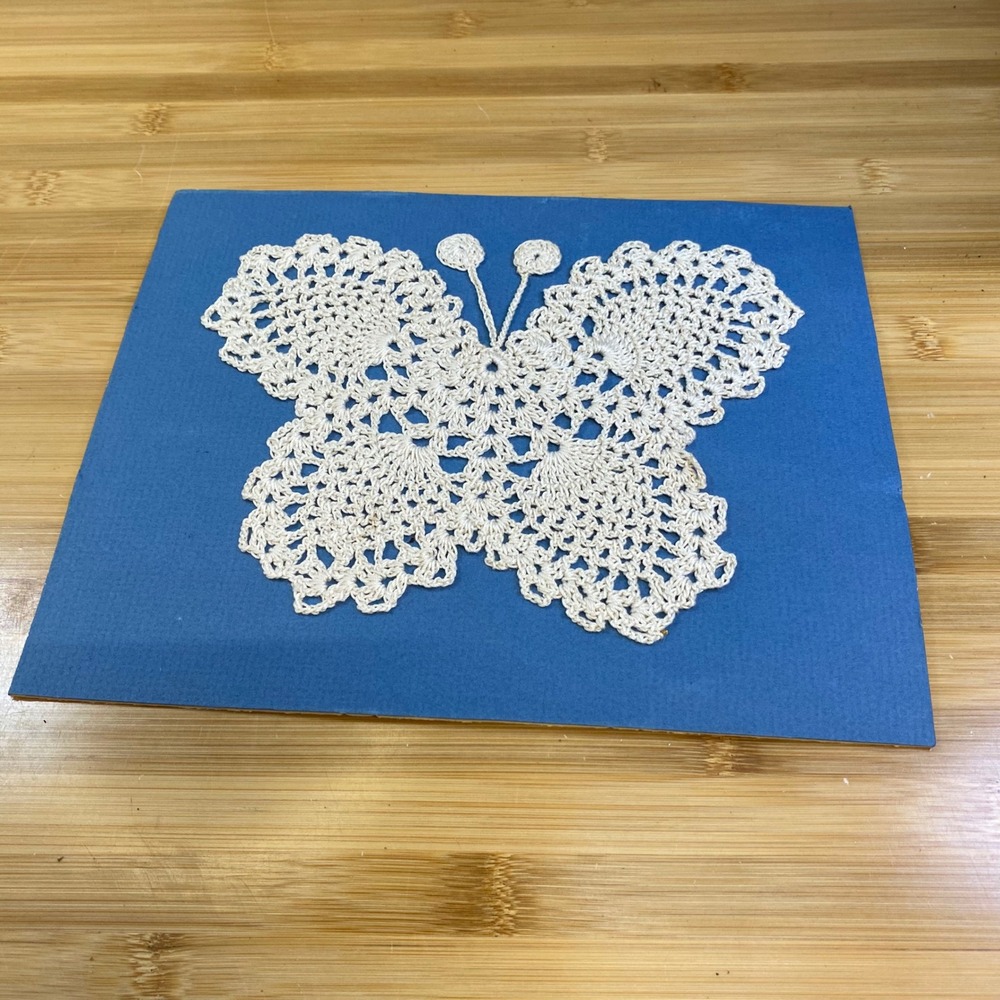 Unbranded Crochet Butterfly Art Unisex OS Cream Blue Vintage Lace Doily 146